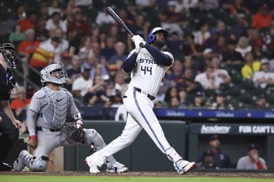 Mar 30, 2026; Houston, Texas, USA; Houston Astros designated hitter Yordan Alvarez (44) hits a two-run home run during the third inning against the Boston Red Sox at Daikin Park. Mandatory Credit: Troy Taormina-Imagn Images