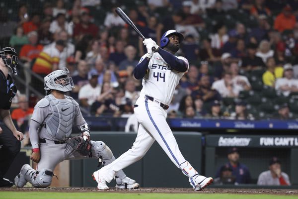 Mar 30, 2026; Houston, Texas, USA; Houston Astros designated hitter Yordan Alvarez (44) hits a two-run home run during the third inning against the Boston Red Sox at Daikin Park. Mandatory Credit: Troy Taormina-Imagn Images