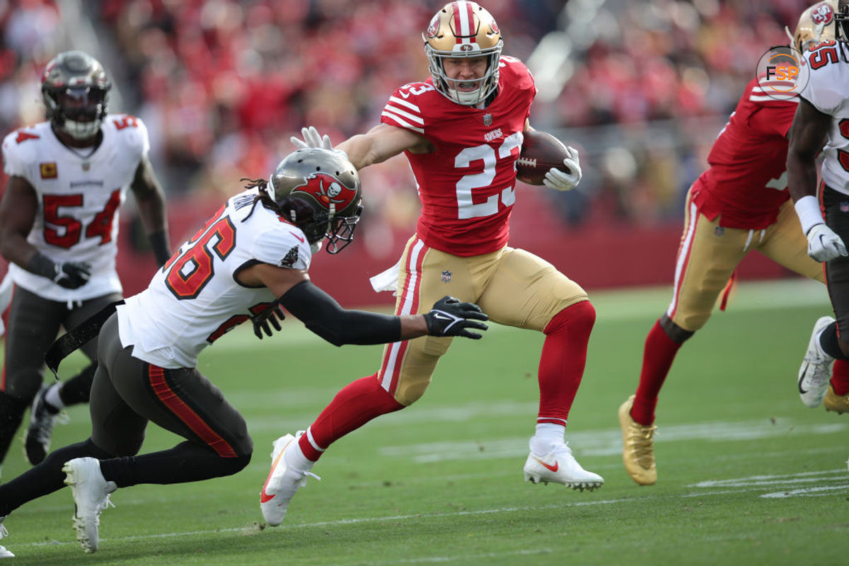 SANTA CLARA, CA - DECEMBER 11: Christian McCaffrey #23 of the San Francisco 49ers rushes during the game against the Tampa Bay Buccaneers at Levi's Stadium on December 11, 2022 in Santa Clara, California. The 49ers defeated the Buccaneers 35-7. (Photo by Michael Zagaris/San Francisco 49ers/Getty Images)  *** Local Caption *** Christian McCaffrey