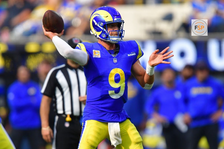 Sep 28, 2025; Inglewood, California, USA; Los Angeles Rams quarterback Matthew Stafford (9) throws against the Indianapolis Colts during the second half at SoFi Stadium. Credit: Gary A. Vasquez-Imagn Images