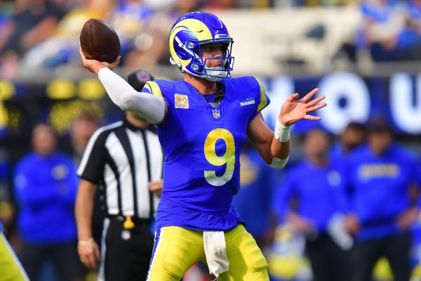 Sep 28, 2025; Inglewood, California, USA; Los Angeles Rams quarterback Matthew Stafford (9) throws against the Indianapolis Colts during the second half at SoFi Stadium. Mandatory Credit: Gary A. Vasquez-Imagn Images
