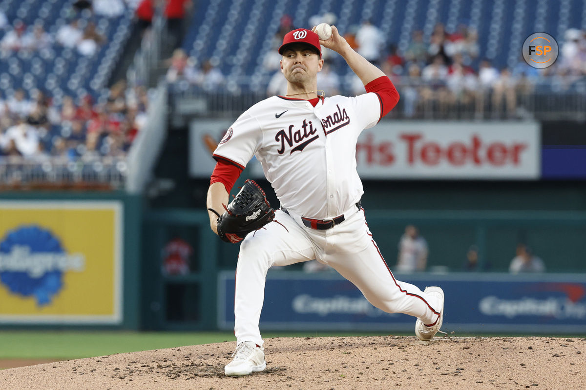 Sep 10, 2024; Washington, District of Columbia, USA; Washington Nationals starting pitcher MacKenzie Gore (1) pitches against the Atlanta Braves during the second inning at Nationals Park. Credit: Geoff Burke-Imagn Images