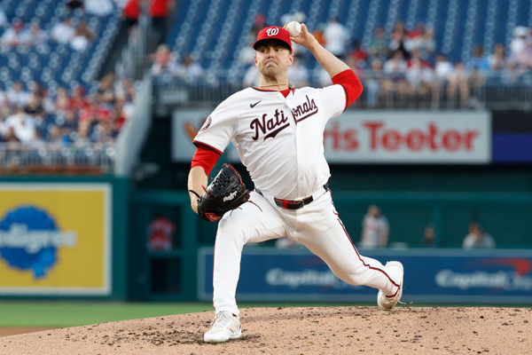 Sep 10, 2024; Washington, District of Columbia, USA; Washington Nationals starting pitcher MacKenzie Gore (1) pitches against the Atlanta Braves during the second inning at Nationals Park. Mandatory Credit: Geoff Burke-Imagn Images