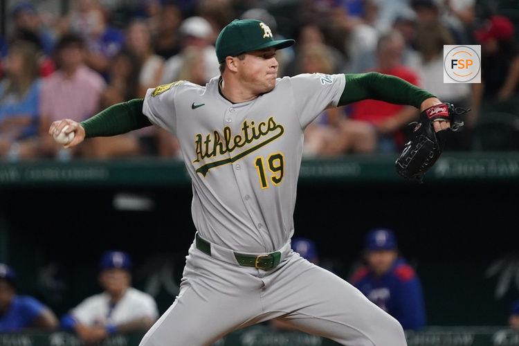 July 21, 2025; Arlington, Texas, USA; Athletics pitcher Mason Miller (19) throws to the plate during the eighth inning against the Texas Rangers at Globe Life Field. Credit: Raymond Carlin III-Imagn Images