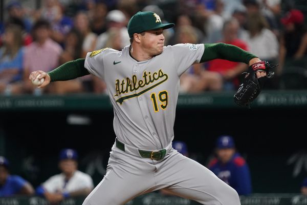 July 21, 2025; Arlington, Texas, USA; Athletics pitcher Mason Miller (19) throws to the plate during the eighth inning against the Texas Rangers at Globe Life Field. Mandatory Credit: Raymond Carlin III-Imagn Images