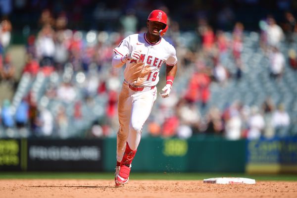 Apr 6, 2025; Anaheim, California, USA; Los Angeles Angels second baseman Kyren Paris (19) runs the bases after hitting a solo home run against the Cleveland Guardians during the eighth inning at Angel Stadium. Mandatory Credit: Gary A. Vasquez-Imagn Images