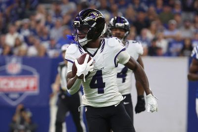 Sep 13, 2026; Indianapolis, Indiana, USA;  Baltimore Ravens wide receiver Zay Flowers (4) runs with the ball for a touchdown against the Indianapolis Colts at Lucas Oil Stadium.  Mandatory Credit: Trevor Ruszkowski-Imagn Images
