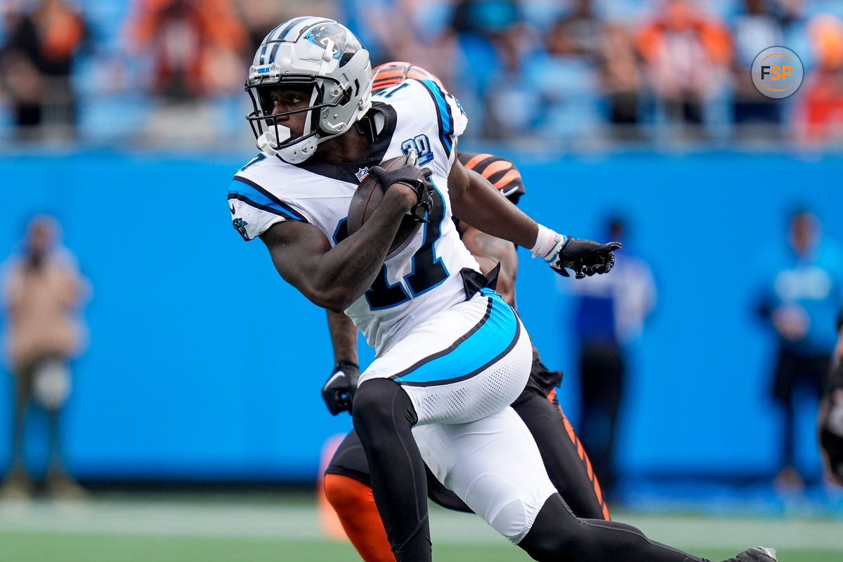 Sep 29, 2024; Charlotte, North Carolina, USA; Carolina Panthers wide receiver Xavier Legette (17) runs for yards after a catch during the fourth quarter against the Cincinnati Bengals at Bank of America Stadium. Credit: Jim Dedmon-Imagn Images