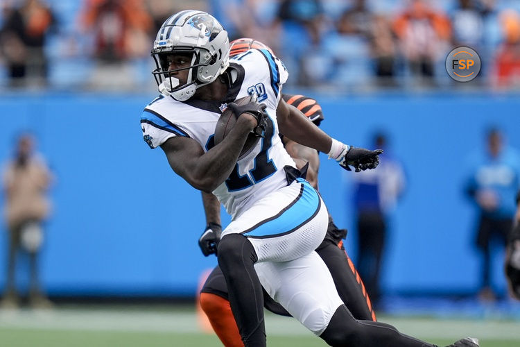 Sep 29, 2024; Charlotte, North Carolina, USA; Carolina Panthers wide receiver Xavier Legette (17) runs for yards after a catch during the fourth quarter against the Cincinnati Bengals at Bank of America Stadium. Credit: Jim Dedmon-Imagn Images