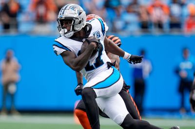 Sep 29, 2024; Charlotte, North Carolina, USA; Carolina Panthers wide receiver Xavier Legette (17) runs for yards after a catch during the fourth quarter against the Cincinnati Bengals at Bank of America Stadium. Mandatory Credit: Jim Dedmon-Imagn Images