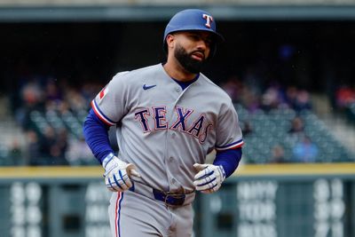 May 20, 2026; Denver, Colorado, USA; Texas Rangers shortstop Ezequiel Duran (20) rounds the bases on a two run home run in the fourth inning against the Colorado Rockies at Coors Field. Mandatory Credit: Isaiah J. Downing-Imagn Images