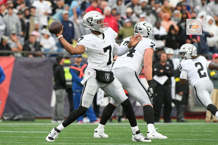 Sep 7, 2025; Foxborough, Massachusetts, USA; Las Vegas Raiders quarterback Geno Smith (7) drops back to pass against the New England Patriots at Gillette Stadium. Credit: Bob DeChiara-Imagn Images