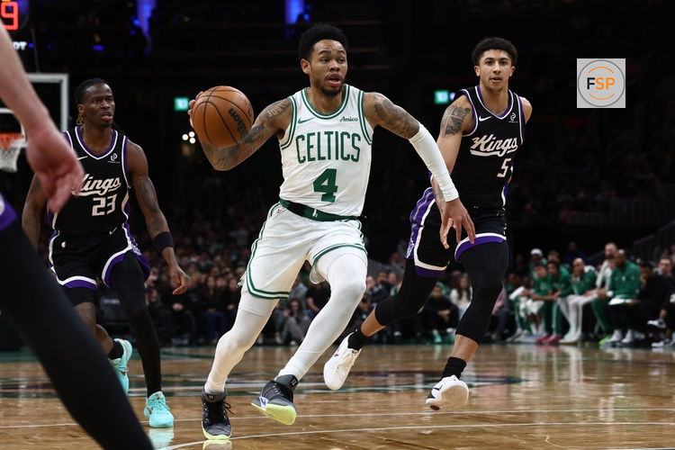Jan 30, 2026; Boston, Massachusetts, USA; Boston Celtics guard Anfernee Simons (4) drives against the Sacramento Kings during the second half at TD Garden. Credit: Winslow Townson-Imagn Images