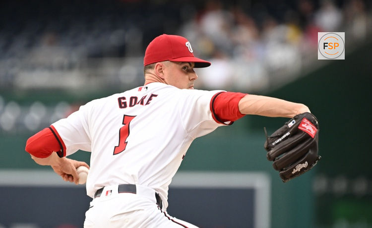 Aug 6, 2024; Washington, District of Columbia, USA; Washington Nationals starting pitcher MacKenzie Gore (1) throws a pitch against the San Francisco Giants during the first inning at Nationals Park. Credit: Rafael Suanes-USA TODAY Sports