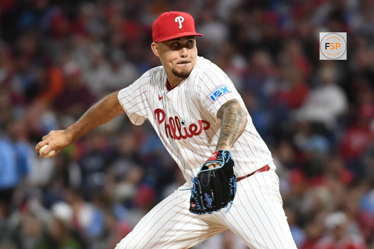 May 27, 2025; Philadelphia, Pennsylvania, USA; Philadelphia Phillies pitcher Orion Kerkering (50) throws a pitch during the seventh inning against the Atlanta Braves at Citizens Bank Park. Credit: Eric Hartline-Imagn Images