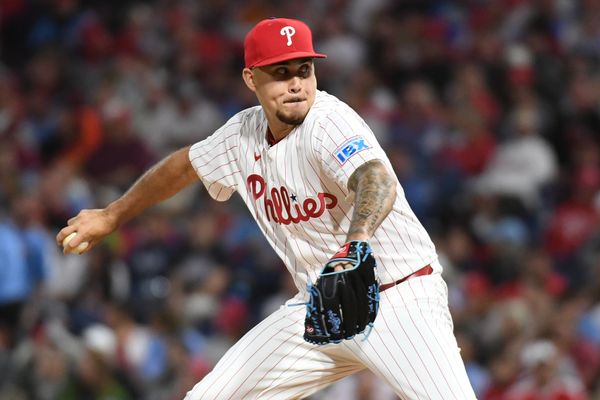 May 27, 2025; Philadelphia, Pennsylvania, USA; Philadelphia Phillies pitcher Orion Kerkering (50) throws a pitch during the seventh inning against the Atlanta Braves at Citizens Bank Park. Mandatory Credit: Eric Hartline-Imagn Images