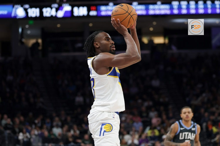 Nov 11, 2025; Salt Lake City, Utah, USA; Indiana Pacers guard Aaron Nesmith (23) shoots the ball against the Utah Jazz during the second half at Delta Center. Credit: Chris Nicoll-Imagn Images