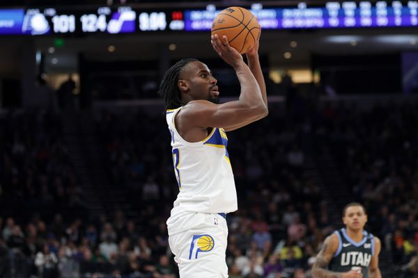 Nov 11, 2025; Salt Lake City, Utah, USA; Indiana Pacers guard Aaron Nesmith (23) shoots the ball against the Utah Jazz during the second half at Delta Center. Mandatory Credit: Chris Nicoll-Imagn Images