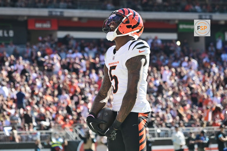 Oct 20, 2024; Cleveland, Ohio, USA; Cincinnati Bengals wide receiver Tee Higgins (5) celebrates after scoring a touchdown during the second half against the Cleveland Browns at Huntington Bank Field. Credit: Ken Blaze-Imagn Images