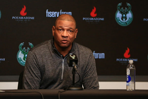 MILWAUKEE, WI - JANUARY 27: Doc Rivers is introduced as the new head coach during an introductory press conference of Doc Rivers as the new head coach of the Milwaukee Bucks on January 27, 2024, at Fiserv Forum in Milwaukee, WI. (Photo by Larry Radloff/Icon Sportswire)