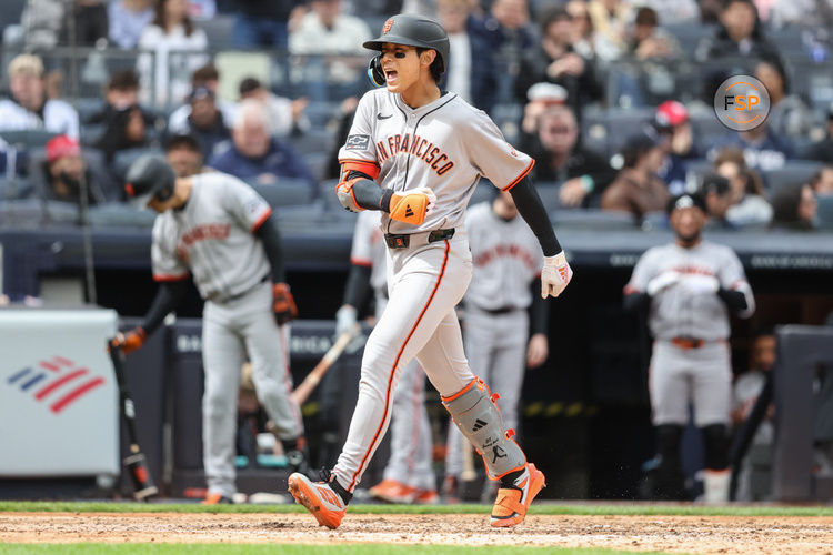 Apr 13, 2025; Bronx, New York, USA;  San Francisco Giants center fielder Jung Hoo Lee (51) celebrates after hitting a a three-run home run in the sixth inning against the New York Yankees at Yankee Stadium. Credit: Wendell Cruz-Imagn Images