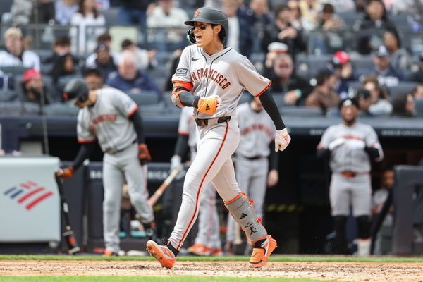 Apr 13, 2025; Bronx, New York, USA;  San Francisco Giants center fielder Jung Hoo Lee (51) celebrates after hitting a a three-run home run in the sixth inning against the New York Yankees at Yankee Stadium. Mandatory Credit: Wendell Cruz-Imagn Images