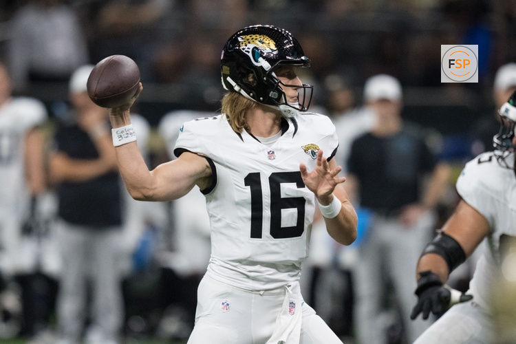 Aug 17, 2025; New Orleans, Louisiana, USA;  Jacksonville Jaguars quarterback Trevor Lawrence (16) throws during the first half against the New Orleans Saints at Caesars Superdome. Credit: Matthew Hinton-Imagn Images