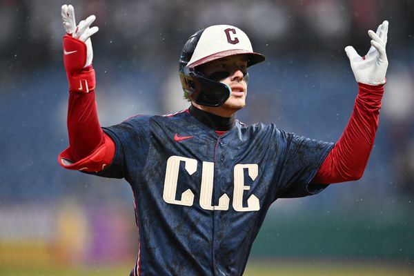 May 8, 2026; Cleveland, Ohio, USA; Cleveland Guardians second baseman Travis Bazzana (37) rounds the bases after hitting a home run during the first inning against the Minnesota Twins at Progressive Field. Mandatory Credit: Ken Blaze-Imagn Images