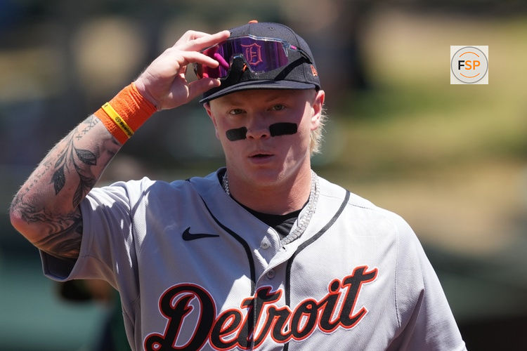 Aug 2, 2026; West Sacramento, California, USA; Detroit Tigers center fielder Max Clark (15) walks to the dugout before the game against the Athletics at Sutter Health Park. Credit: Darren Yamashita-Imagn Images