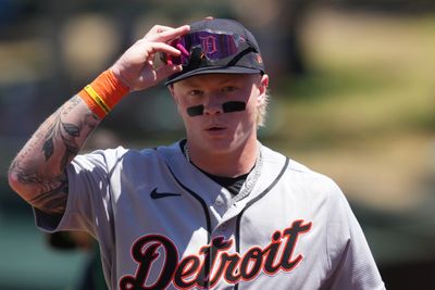 Aug 2, 2026; West Sacramento, California, USA; Detroit Tigers center fielder Max Clark (15) walks to the dugout before the game against the Athletics at Sutter Health Park. Mandatory Credit: Darren Yamashita-Imagn Images