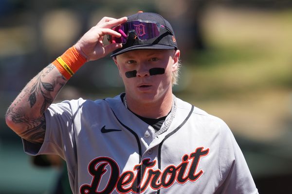 Aug 2, 2026; West Sacramento, California, USA; Detroit Tigers center fielder Max Clark (15) walks to the dugout before the game against the Athletics at Sutter Health Park. Mandatory Credit: Darren Yamashita-Imagn Images