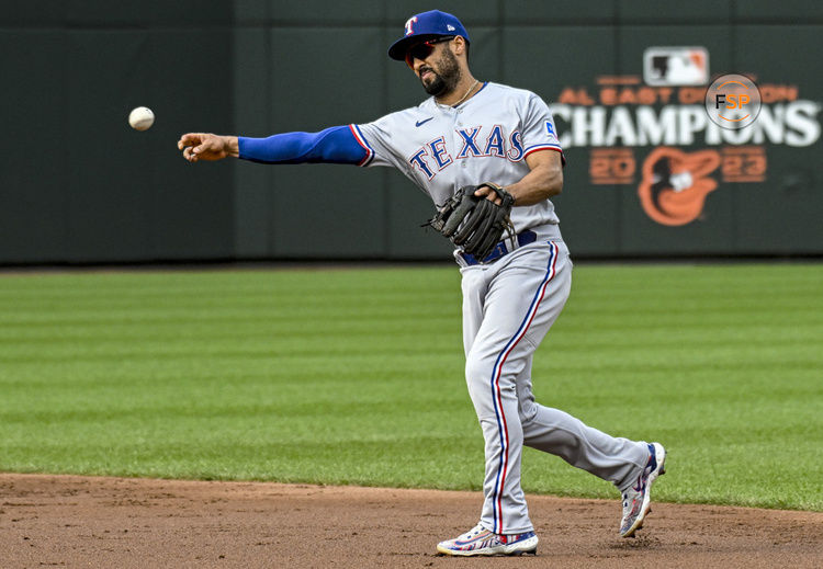 BALTIMORE, MD - October 07: Texas Rangers second baseman Marcus Semien (2) in action during the Texas Rangers versus the Baltimore Orioles on October 7, 2023 at Oriole Park at Camden Yards in Baltimore, MD. in Game 1 of the American League Divisional Series.  (Photo by Mark Goldman/Icon Sportswire)