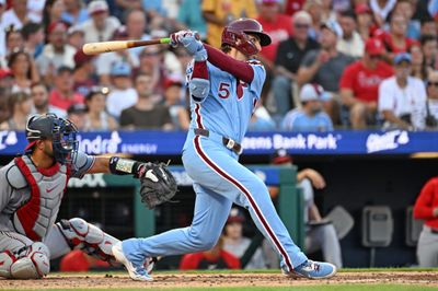 Aug 6, 2026; Philadelphia, Pennsylvania, USA; Philadelphia Phillies second baseman Bryson Stott (5) watches his RBI double during the third inning against the Washington Nationals at Citizens Bank Park. Mandatory Credit: Eric Hartline-Imagn Images