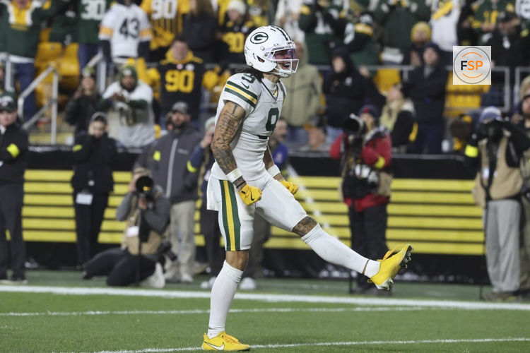 Oct 26, 2025; Pittsburgh, Pennsylvania, USA; Green Bay Packers wide receiver Christian Watson (9) reacts during the third quarter against the Pittsburgh Steelers at Acrisure Stadium. Credit: Charles LeClaire-Imagn Images