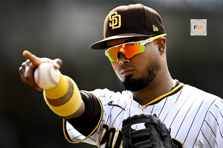 Aug 21, 2025; San Diego, California, USA; San Diego Padres first baseman Luis Arraez (4) points into the crowd during the seventh inning against the San Francisco Giants at Petco Park. Credit: Denis Poroy-Imagn Images