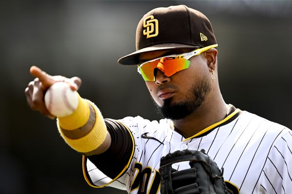 Aug 21, 2025; San Diego, California, USA; San Diego Padres first baseman Luis Arraez (4) points into the crowd during the seventh inning against the San Francisco Giants at Petco Park. Mandatory Credit: Denis Poroy-Imagn Images