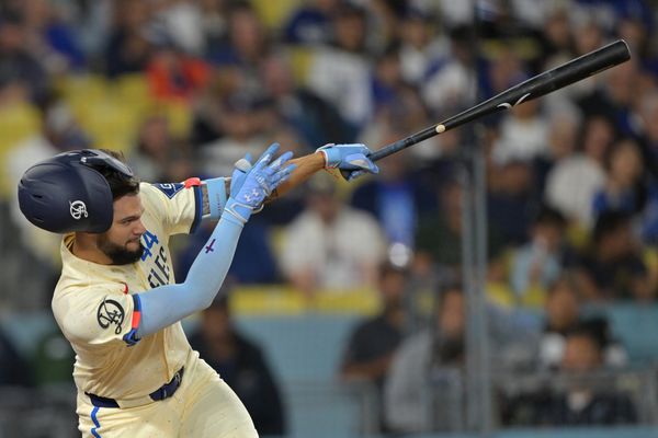 Apr 11, 2026; Los Angeles, California, USA; Los Angeles Dodgers center fielder Andy Pages (44) hits a RBI double in the eighth inning against the Texas Rangers at Dodger Stadium. Mandatory Credit: Jayne Kamin-Oncea-Imagn Images