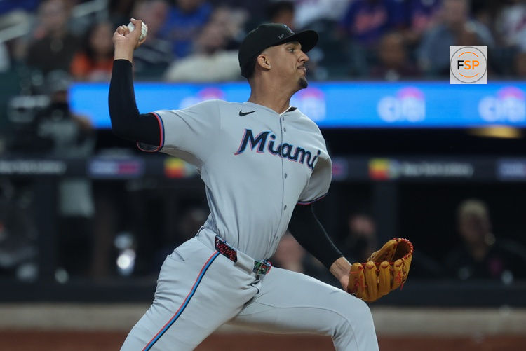 Aug 29, 2025; New York City, New York, USA; Miami Marlins starting pitcher Eury Perez (39) delivers a pitch during the first inning against the New York Mets at Citi Field. Credit: Vincent Carchietta-Imagn Images