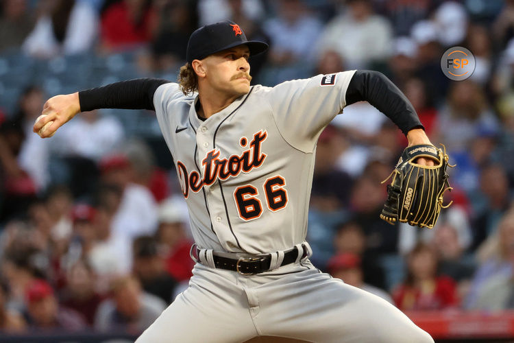 Sep 16, 2023; Anaheim, California, USA;  Detroit Tigers starting pitcher Sawyer Gipson-Long (66) pitches during the first inning against the Los Angeles Angels at Angel Stadium. Credit: Kiyoshi Mio-USA TODAY Sports