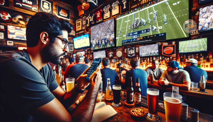 An illustration of a fan placing a bet on his phone at a local sports bar.