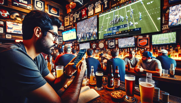 An illustration of a fan placing a bet on his phone at a local sports bar.