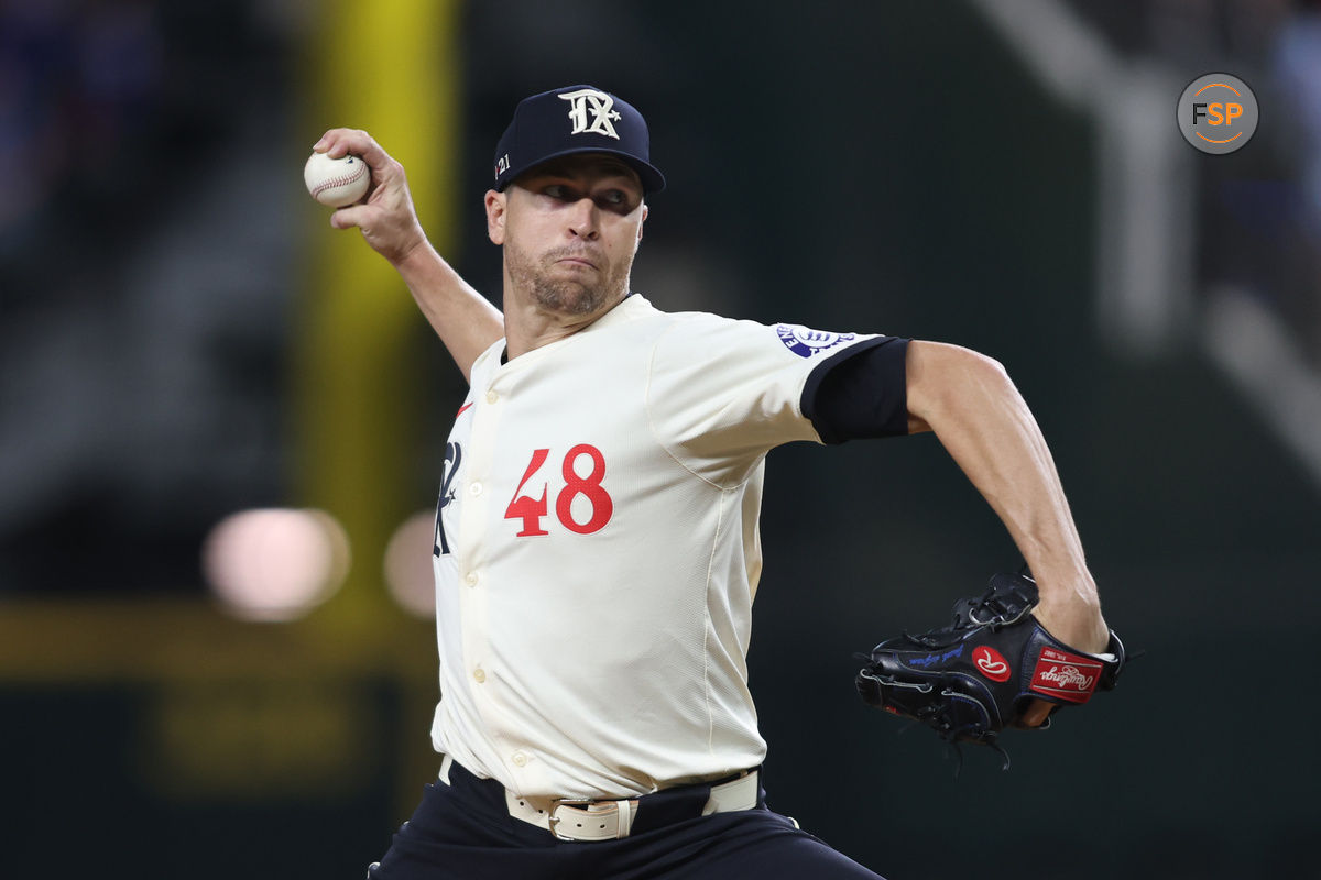 Sep 20, 2024; Arlington, Texas, USA; Texas Rangers pitcher Jacob deGrom (48) pitches against the Seattle Mariners in the second inning at Globe Life Field. Credit: Tim Heitman-Imagn Images