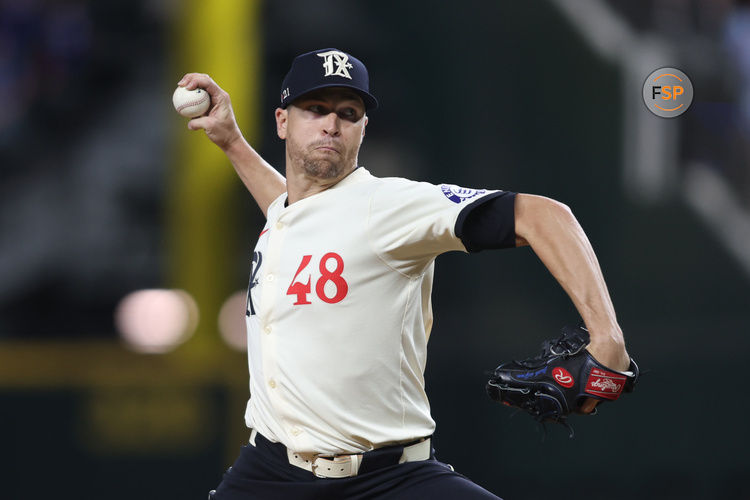 Sep 20, 2024; Arlington, Texas, USA; Texas Rangers pitcher Jacob deGrom (48) pitches against the Seattle Mariners in the second inning at Globe Life Field. Credit: Tim Heitman-Imagn Images