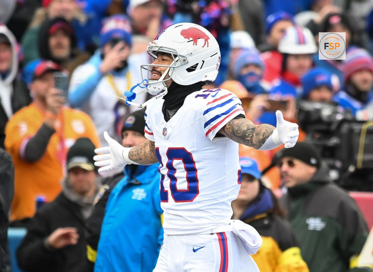 Nov 16, 2025; Orchard Park, New York, USA; Buffalo Bills wide receiver Khalil Shakir (10) enters the field before a game against the Tampa Bay Buccaneers at Highmark Stadium. Credit: Mark Konezny-Imagn Images