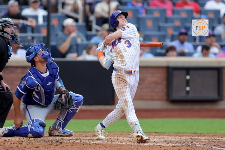 Jul 9, 2026; New York City, New York, USA; New York Mets right fielder Carson Benge (3) follows through on an RBI single against the Kansas City Royals during the fifth inning at Citi Field. Benge wound up on third base after a Royals error on the play. Credit: Brad Penner-Imagn Images