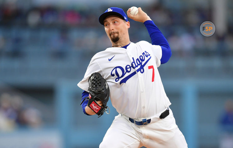Apr 2, 2025; Los Angeles, California, USA; Los Angeles Dodgers pitcher Blake Snell (7) throws during the third inning against the Atlanta Braves at Dodger Stadium. Credit: Gary A. Vasquez-Imagn Images