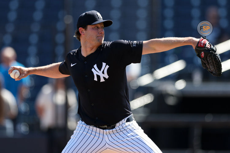 Feb 13, 2025; Tampa, FL, USA; New York Yankees starting pitcher Gerrit Cole (45) participates in spring training workouts at George M. Steinbrenner Field. Credit: Nathan Ray Seebeck-Imagn Images