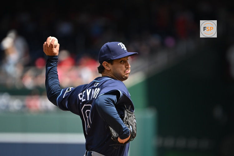 Aug 31, 2025; Washington, District of Columbia, USA;  Tampa Bay Rays stating pitcher Ian Seymour (61) throws a pitch against the Washington Nationals during the first inning at Nationals Park. Credit: Rafael Suanes-Imagn Images
