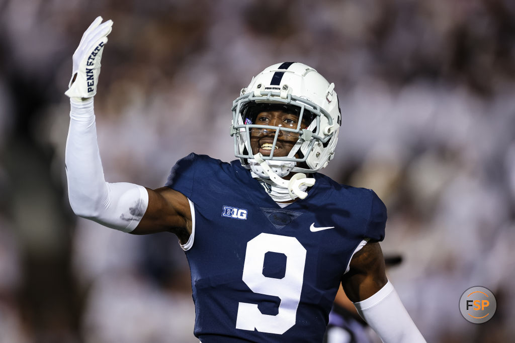STATE COLLEGE, PA - OCTOBER 22: Joey Porter Jr. #9 of the Penn State Nittany Lions celebrates after a play against the Minnesota Golden Gophers during the first half at Beaver Stadium on October 22, 2022 in State College, Pennsylvania. (Photo by Scott Taetsch/Getty Images)