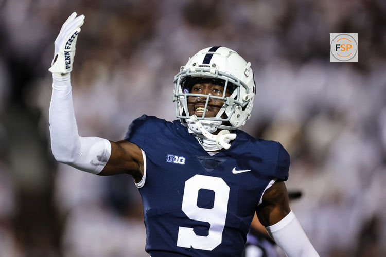 STATE COLLEGE, PA - OCTOBER 22: Joey Porter Jr. #9 of the Penn State Nittany Lions celebrates after a play against the Minnesota Golden Gophers during the first half at Beaver Stadium on October 22, 2022 in State College, Pennsylvania. (Photo by Scott Taetsch/Getty Images)